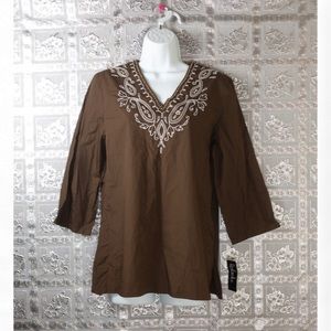 NWT Rafaella Brown Poplin Paisley Embellished Top